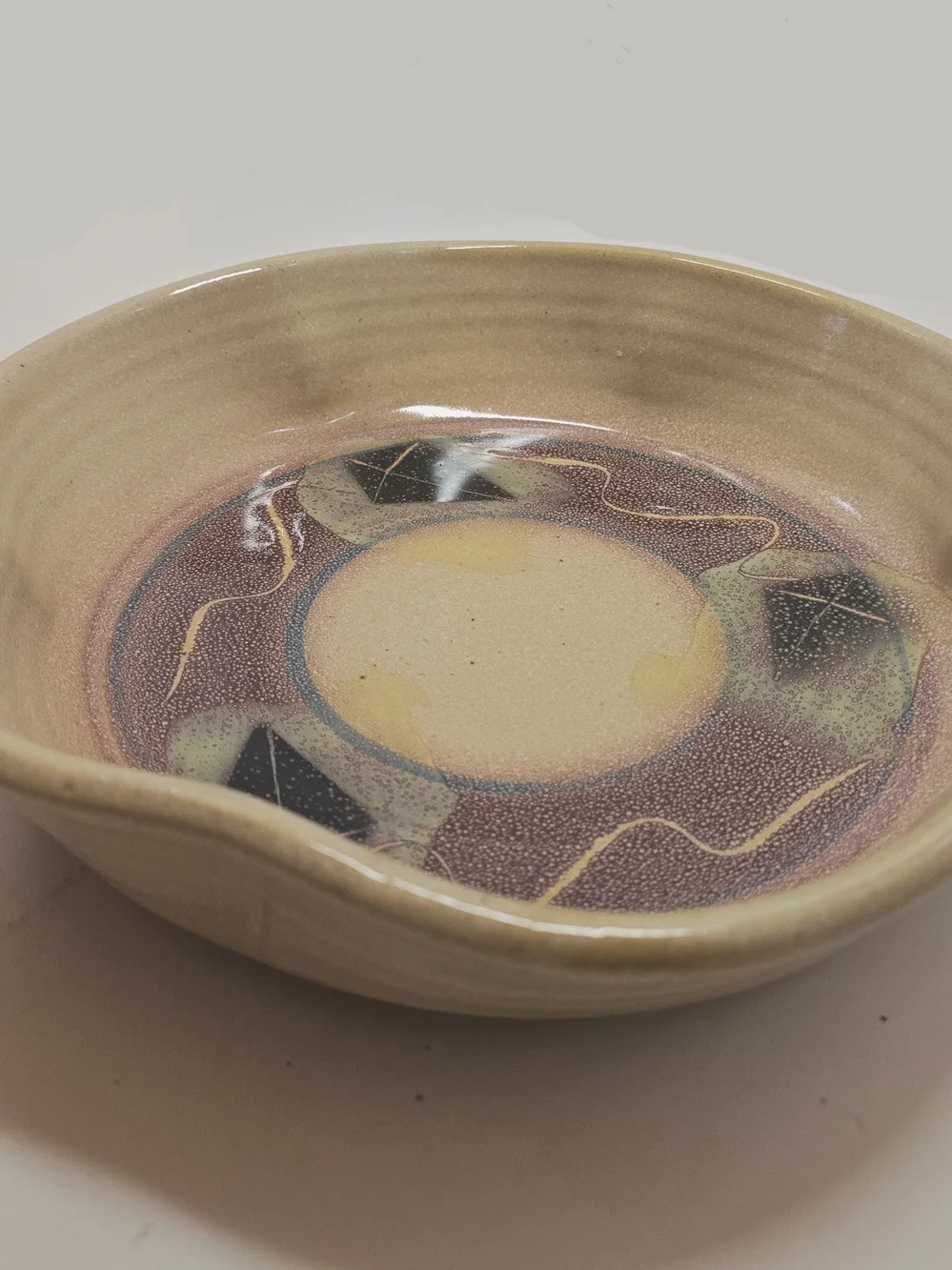 Handmade Ceramic Serving Bowl in Beige with Multicolor Interior